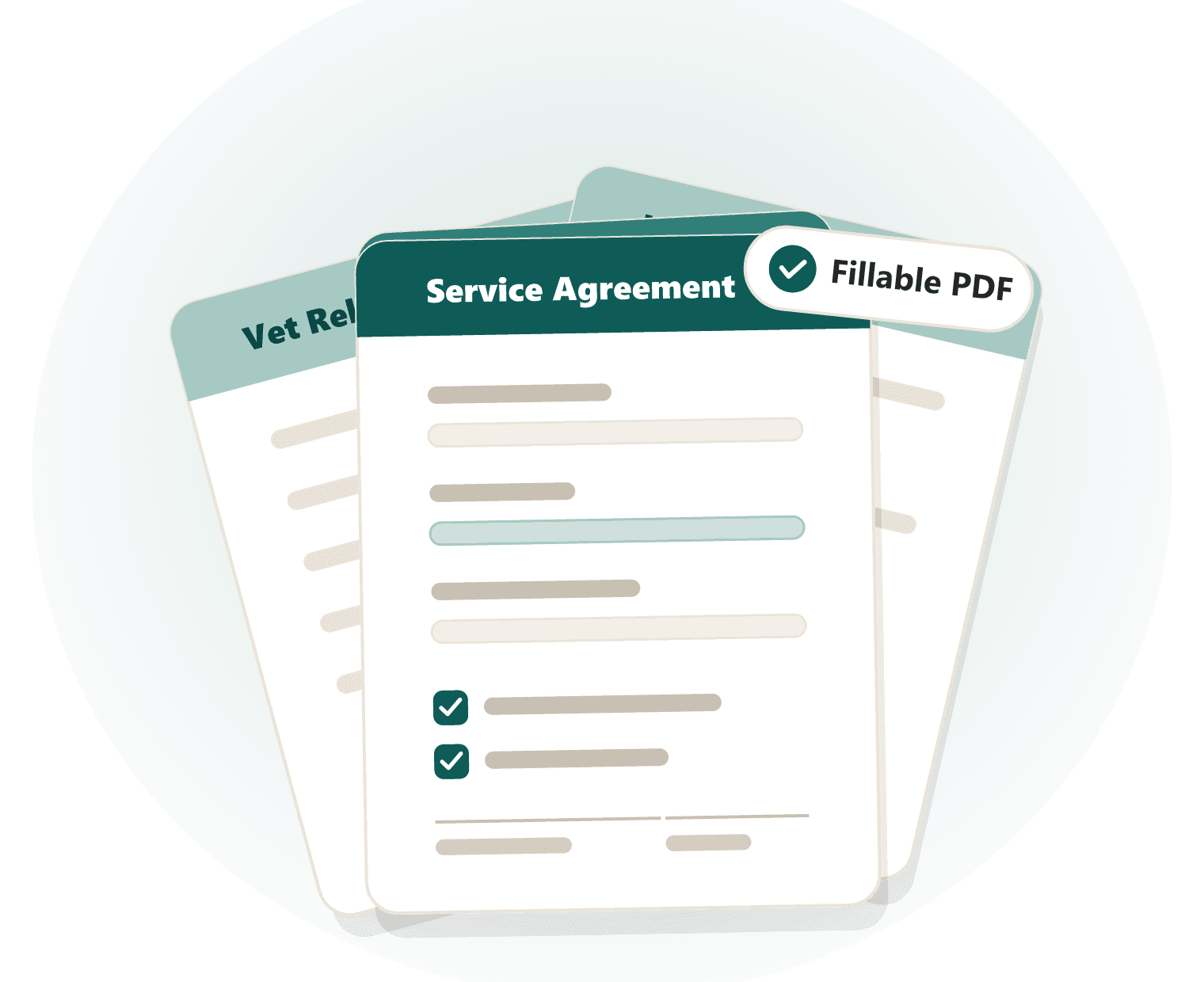 A bundle of editable pet-care documents (service agreement, vet release, invoice), each a fillable PDF