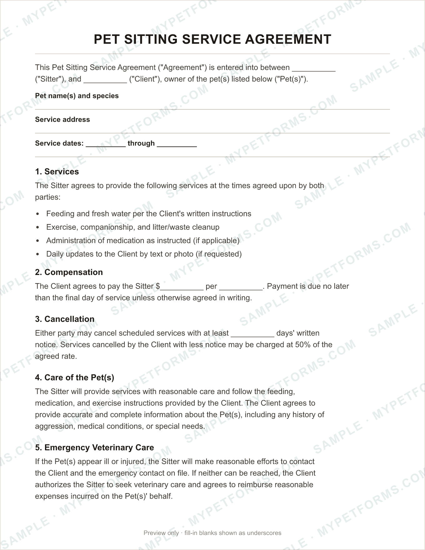 Sample page from the kit: Pet Sitting Service Agreement