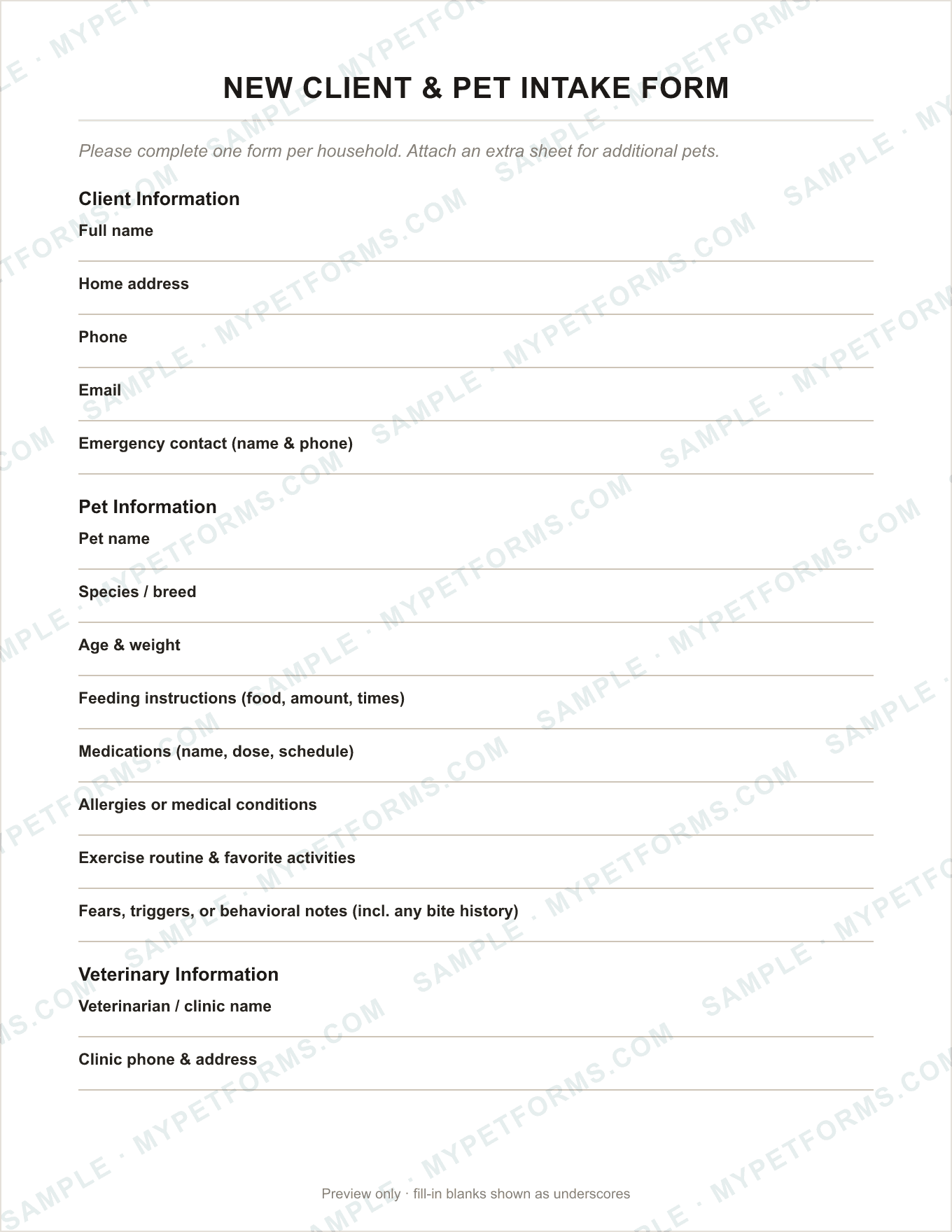 Sample page from the kit: New Client & Pet Intake Form