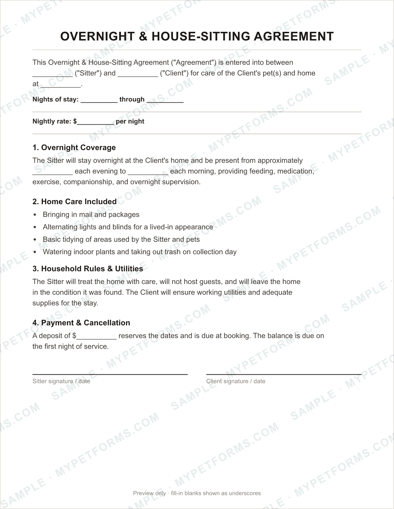 Sample page from the kit: Overnight & House-Sitting Agreement
