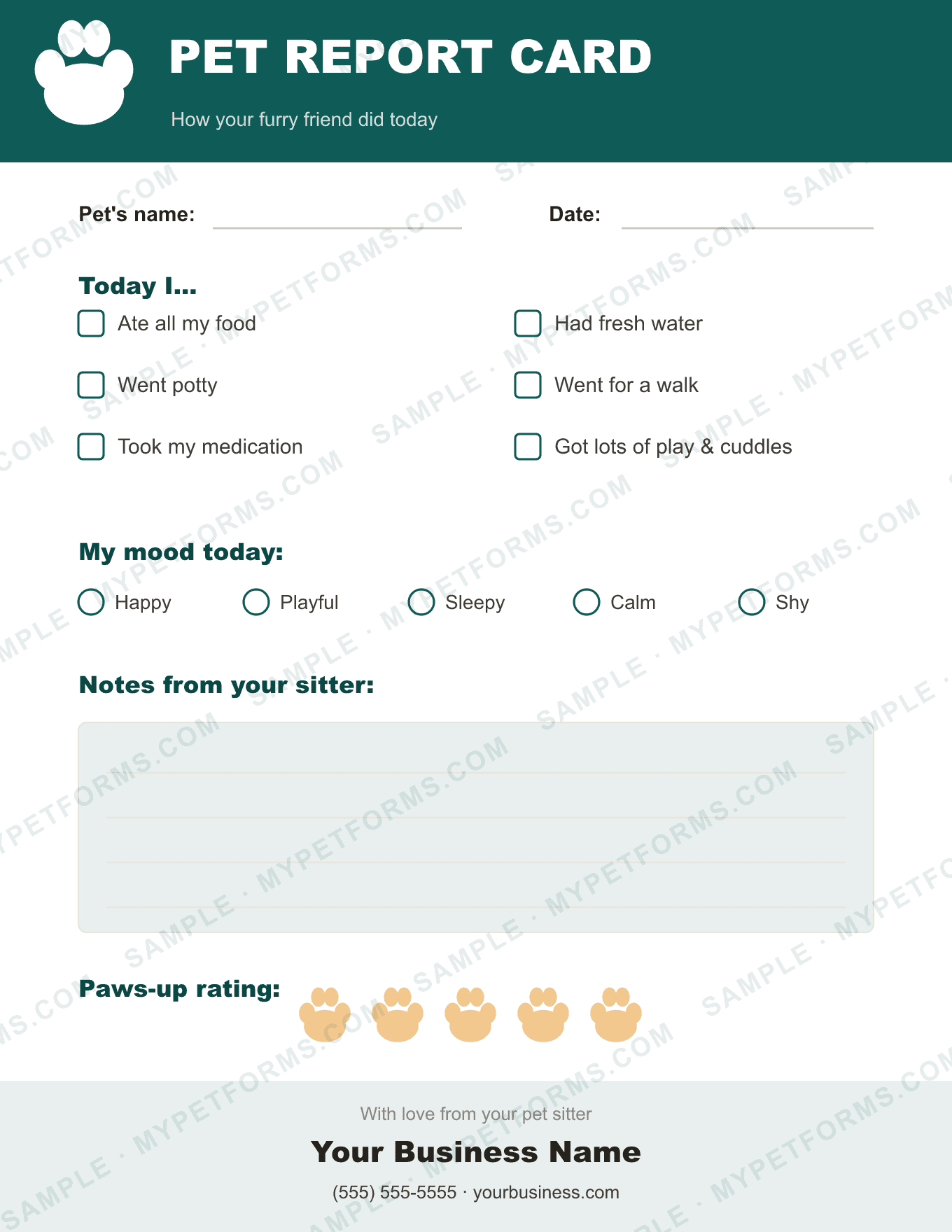 Sample page from the kit: Pet Report Card (bonus marketing kit)